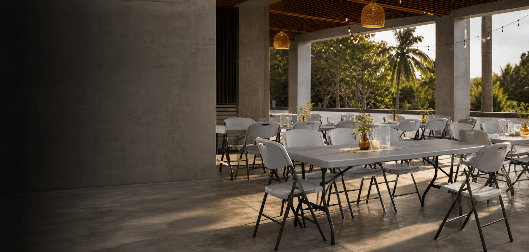 Durotek folding tables and chairs in an open-air event venue
